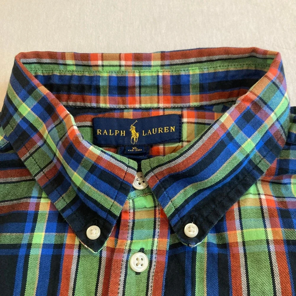 Ralph Lauren Boys XL 18-20 Plaid Button Down Shirt Green Blue Orange Long Sleeve